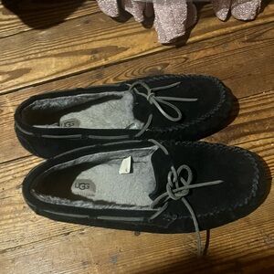 UGG Black Suede Moccasins with Gray Lining